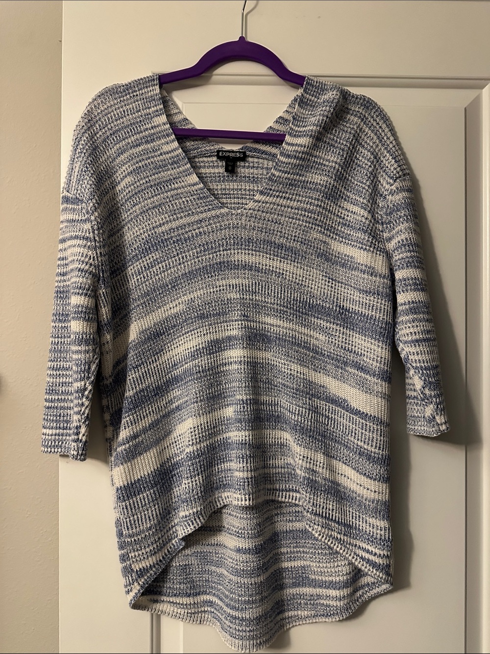 Express Blue and Cream Striped V-Neck Knit Tunic